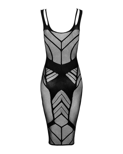 Schwarzes elastisches Kleid aus gewebtem Material mit einem verführerischen Rückenausschnitt