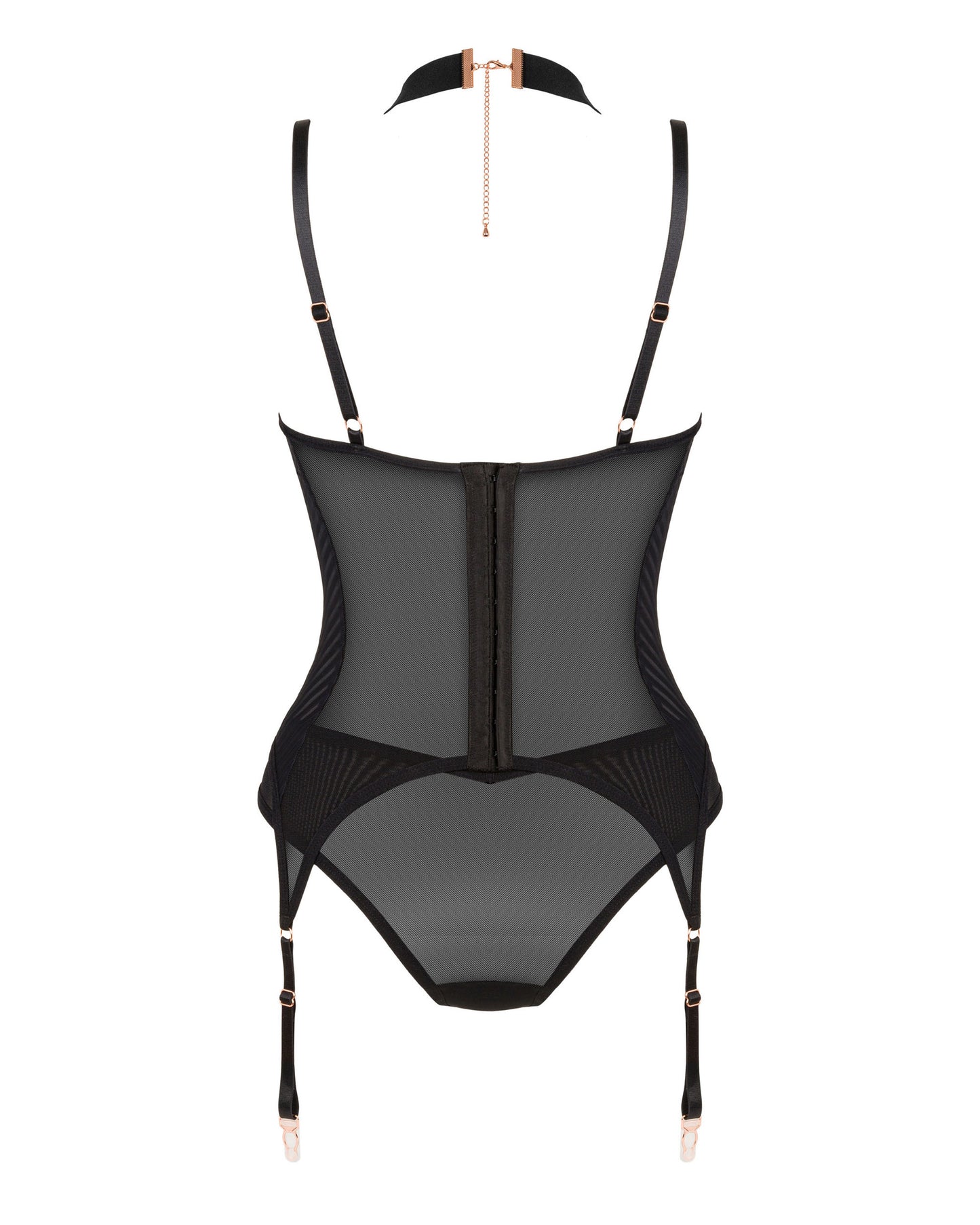 Corset and briefs made of translucent mesh and striped material