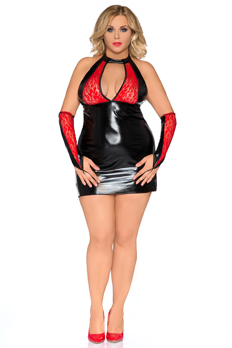 Wetlook chemise with gloves in black &amp; red