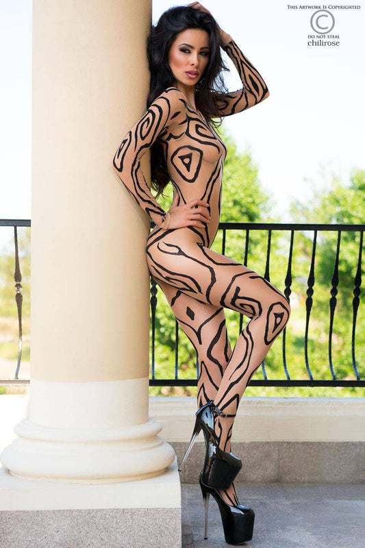 Skin-colored bodystocking with tattoo effect and open crotch
