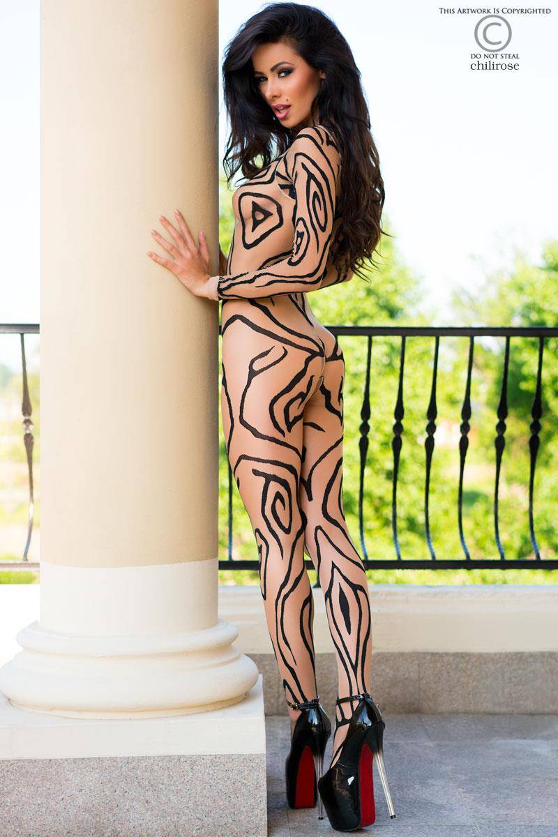 Hautfarbener Bodystocking mit Tattoo-Effekt und offenem Schritt