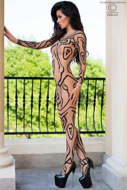 Hautfarbener Bodystocking mit Tattoo-Effekt und offenem Schritt