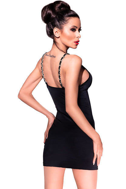 Elegant black mini dress made of shimmering material that hugs the body