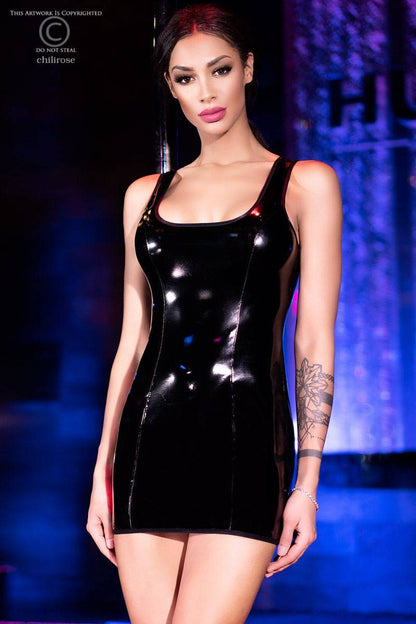 Mini dress made of shiny and elastic material in black that looks like latex