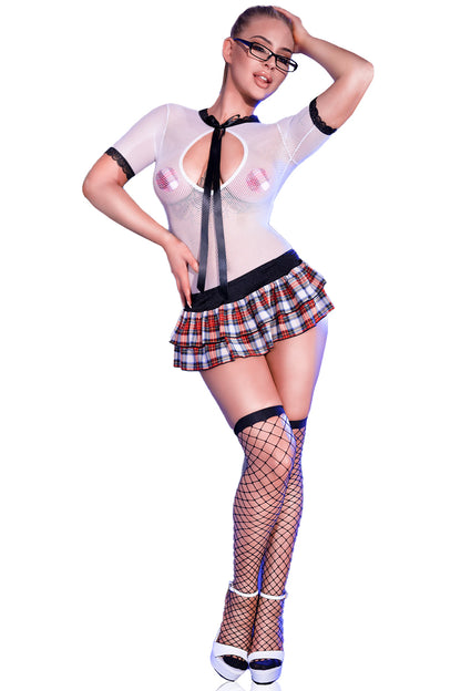 Schoolgirl costume with fishnet body