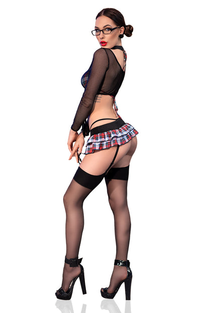 Schoolgirl costume with net top and miniskirt