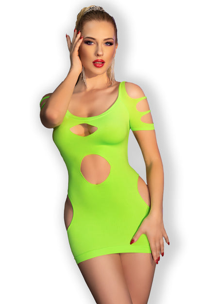 Off-the-shoulder neon green mini dress made of seamless and elastic 4D material with sexy cutouts and slits