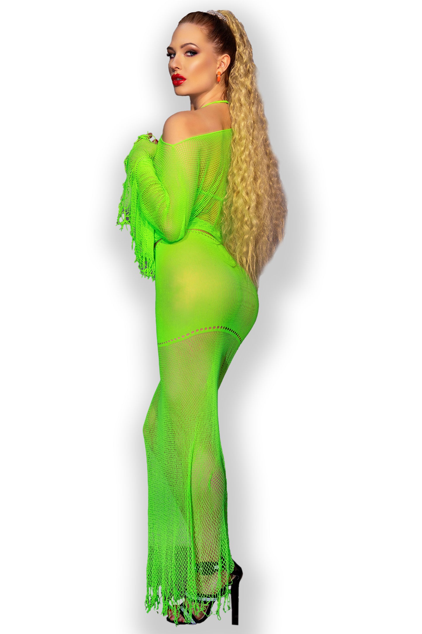 Sexy Chilirose set consisting of top, bra and skirt made of neon green and translucent soft touch mesh material