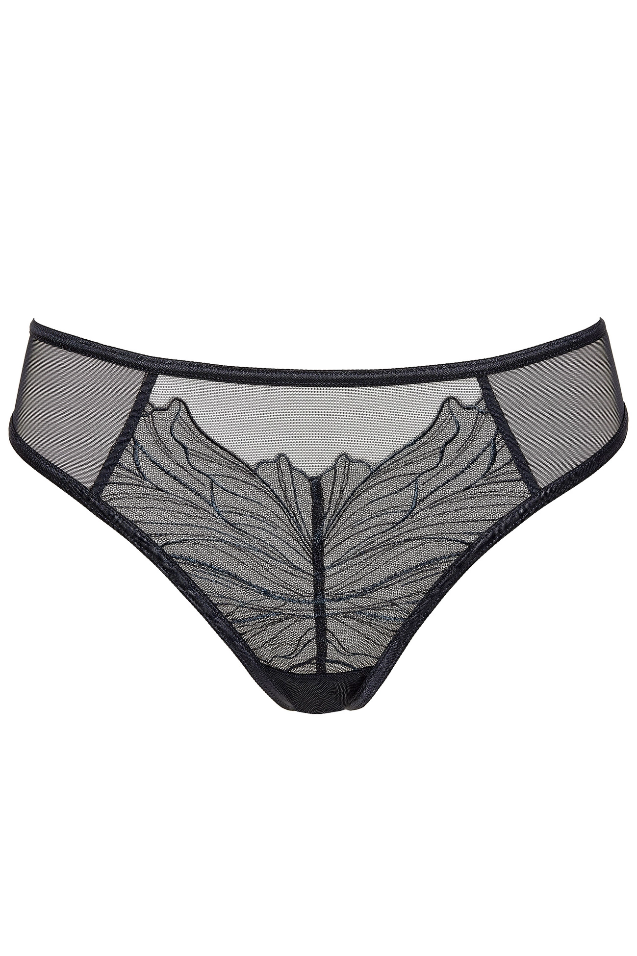 Schwarzer Aurora String Tanga mit transparenter Tülloptik und Stickerei vorne