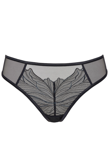 Schwarzer Aurora String Tanga mit transparenter Tülloptik und Stickerei vorne