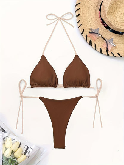 Brazilian String Bikini „Mocha Sunset“ – Verstellbarer Triangel Bikini in Schokobraun & Beige