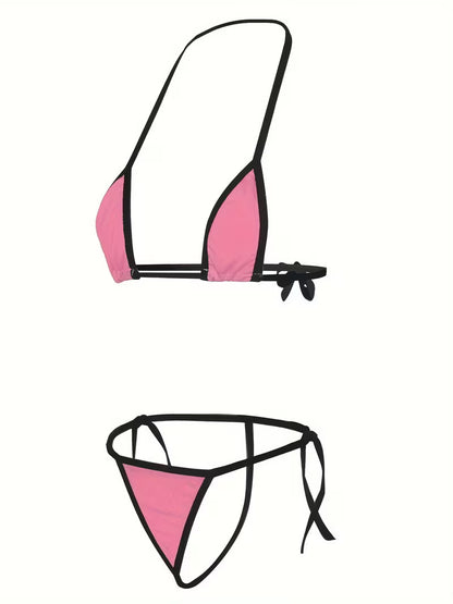 Damen Bikini Set Rosa Schwarz mit Triangel-Top und String-Bikinihose freigestellt