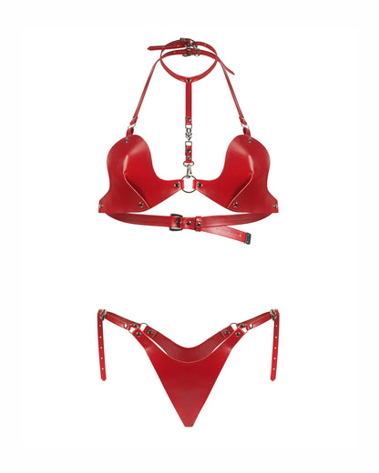 Inferro Dessous Set Rot mit BH Choker String Schnallen und Ringen
