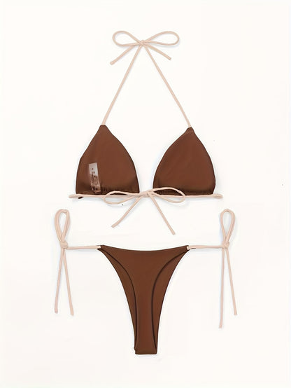 Brazilian String Bikini „Mocha Sunset“ – Verstellbarer Triangel Bikini in Schokobraun & Beige