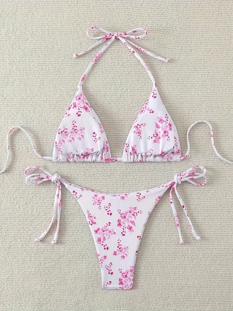 Triangel Bikini Set mit rosa floralem Muster und seitlich gebundener Bikinihose