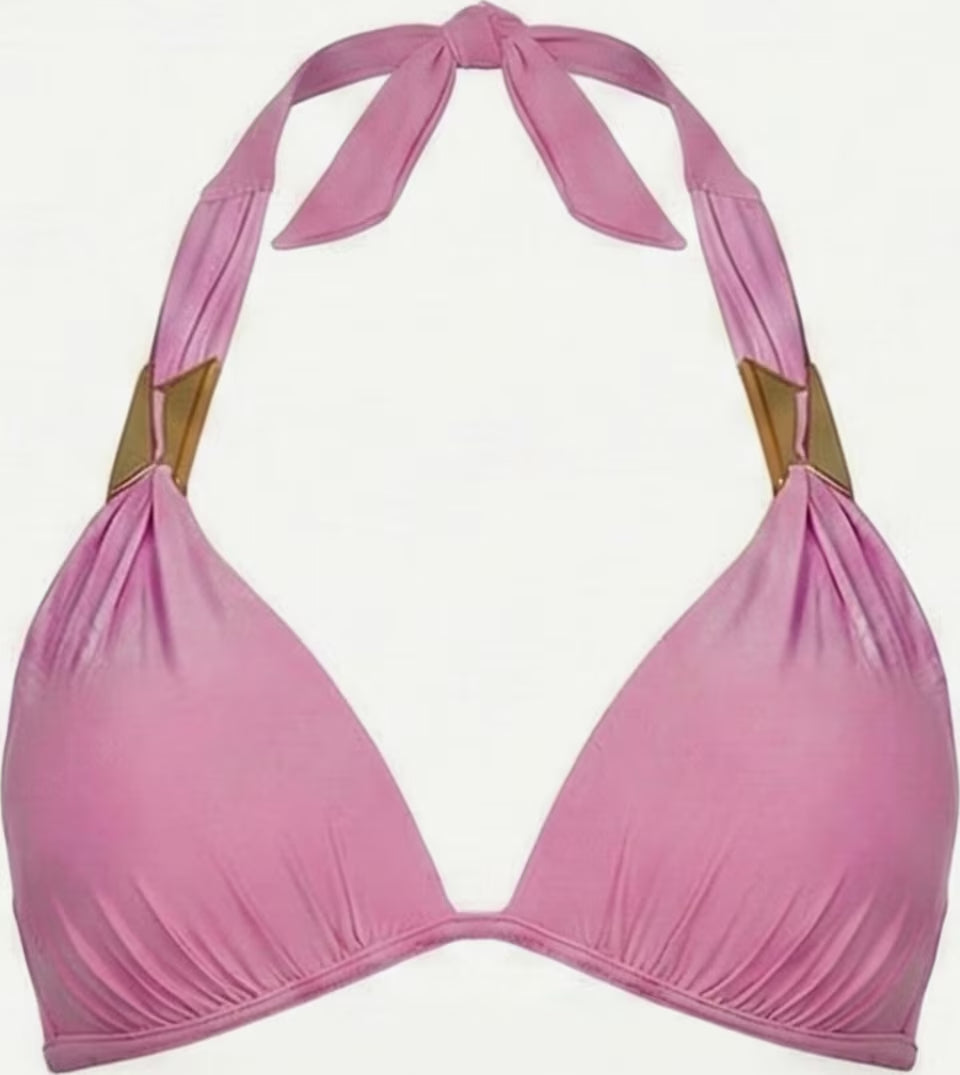 Rosa Push-up Neckholder Bikini-Oberteil mit formenden Cups, Nackenbindung und goldfarbenen Details