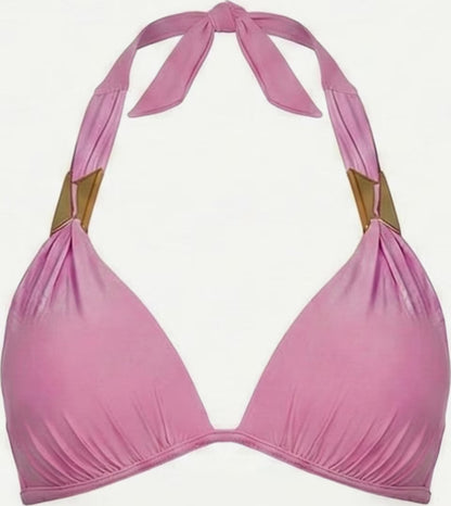 Rosa Push-up Neckholder Bikini-Oberteil mit formenden Cups, Nackenbindung und goldfarbenen Details