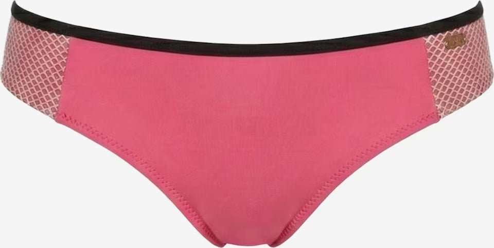 Pinker Bikini-Slip für Damen mit schwarzen Abschlüssen und seitlichen Mesh-Einsätzen