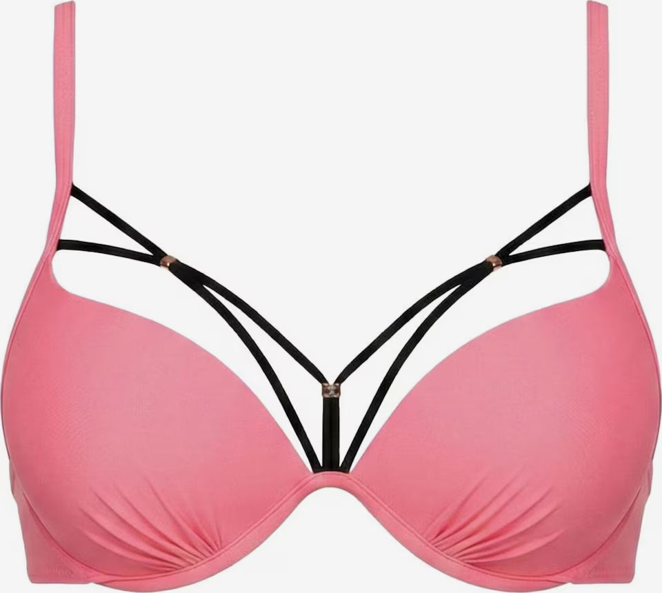 Rosa gepolstertes Push-up Bikini-Oberteil mit Bügeln und schwarzen Dekolleté-Zierträgern
