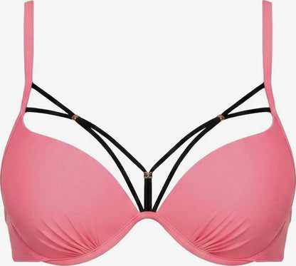 Rosa gepolstertes Push-up Bikini-Oberteil mit Bügeln und schwarzen Dekolleté-Zierträgern