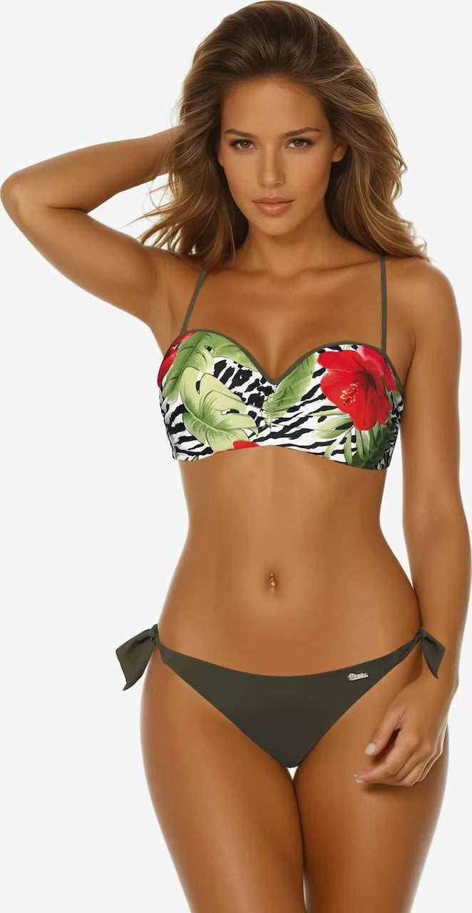 Vorderansicht des tropischen Push-Up Bikinis mit vorgeformten Cups und khakifarbenem Bindeslip