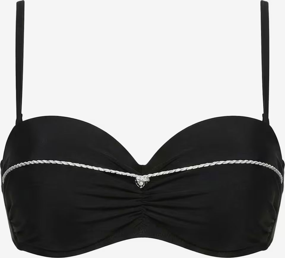 Schwarzes Push-up Bikini-Oberteil mit verstärkten Cups, Raffungen und Zierkordel