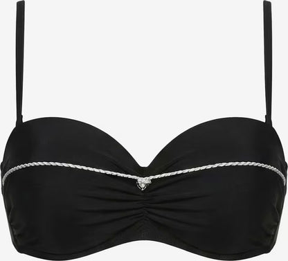 Schwarzes Push-up Bikini-Oberteil mit verstärkten Cups, Raffungen und Zierkordel