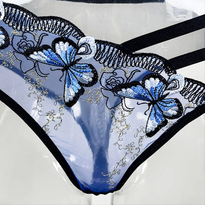 Transparenter Damen-Slip in Blau mit Schmetterlings-Stickerei und seitlichen Riemen in Frontalansicht