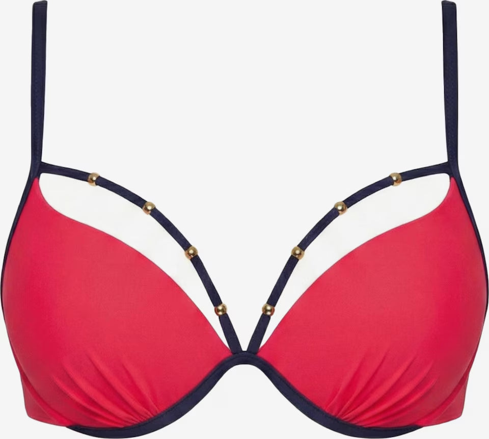 Korallrotes Push-up Bikinioberteil mit Bügel, Zierträgern und goldfarbenen Details