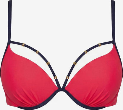 Korallrotes Push-up Bikinioberteil mit Bügel, Zierträgern und goldfarbenen Details
