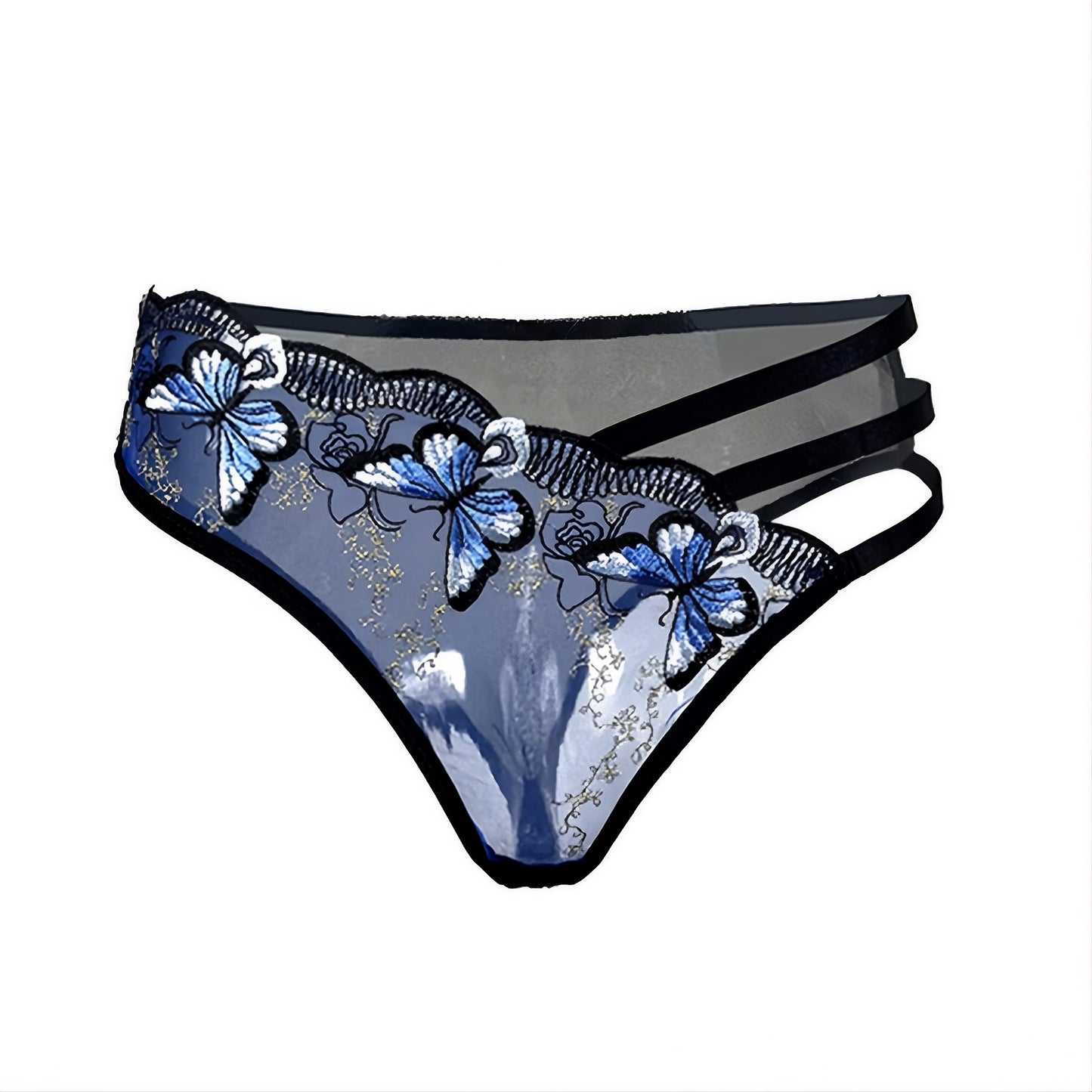 Freisteller des blauen Damen-Slips in Vorderansicht mit transparentem Mesh und Seitenriemen