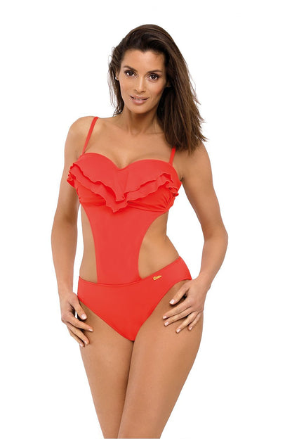 Korallroter Rüschen-Monokini mit geformten Push-up Cups und Cut-outs, Frontansicht