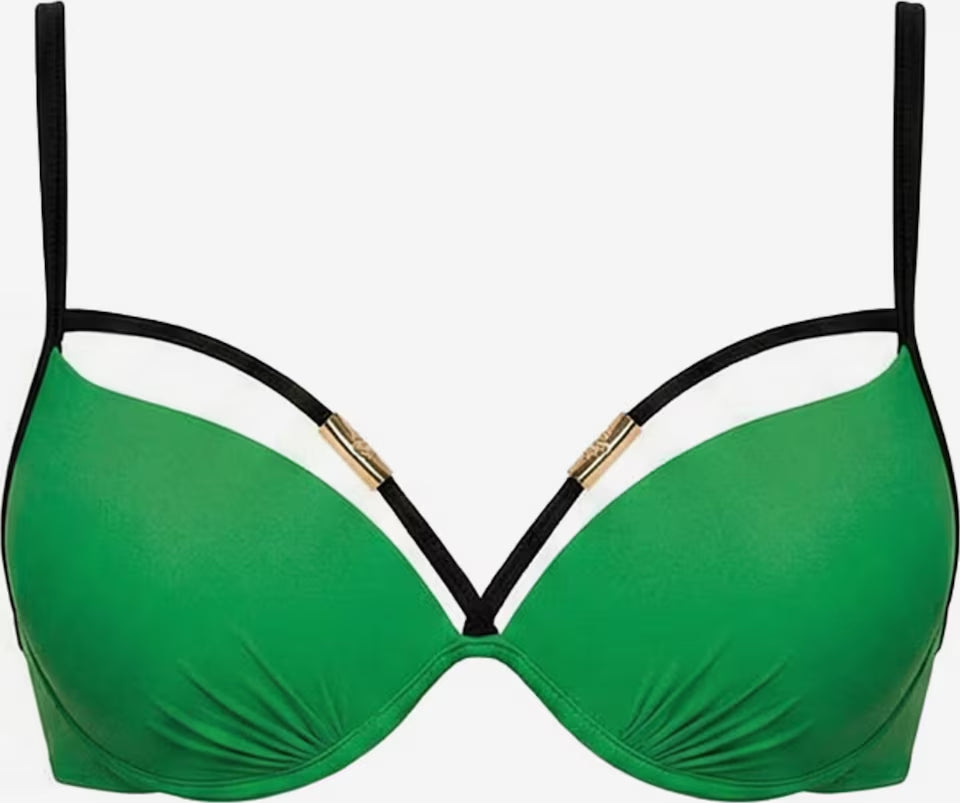Grünes Bikini-Oberteil mit schwarzen Trägerdetails und goldfarbenen Zierelementen