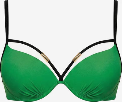 Grünes Bikini-Oberteil mit schwarzen Trägerdetails und goldfarbenen Zierelementen