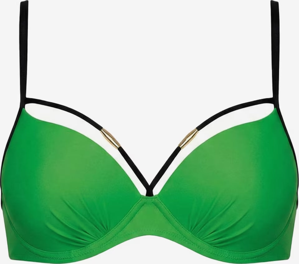 Grünes Push-up Bikini-Oberteil mit Bügel, schwarzen Trägern und dekorativen Bändern