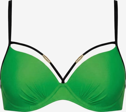 Grünes Push-up Bikini-Oberteil mit Bügel, schwarzen Trägern und dekorativen Bändern