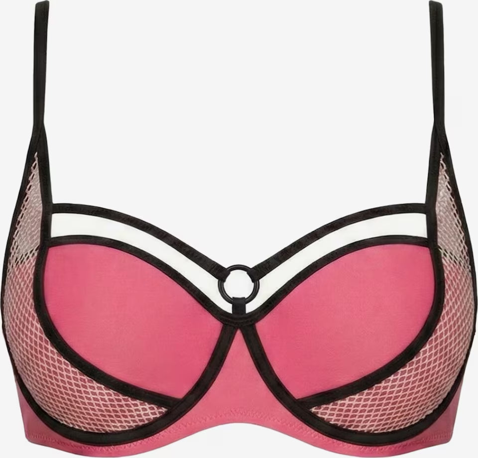 Pinker Push-up Bikini-BH mit geformten Cups, schwarzen Bändern und seitlichen Mesh-Details