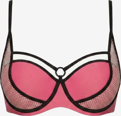 Pinker Push-up Bikini-BH mit geformten Cups, schwarzen Bändern und seitlichen Mesh-Details