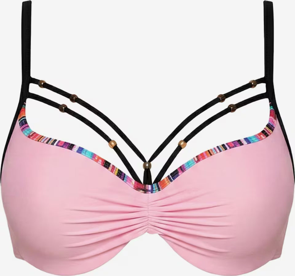 Detailansicht des rosa Push-up Bikini-Oberteils mit Bügeln und schwarzen Dekobändern