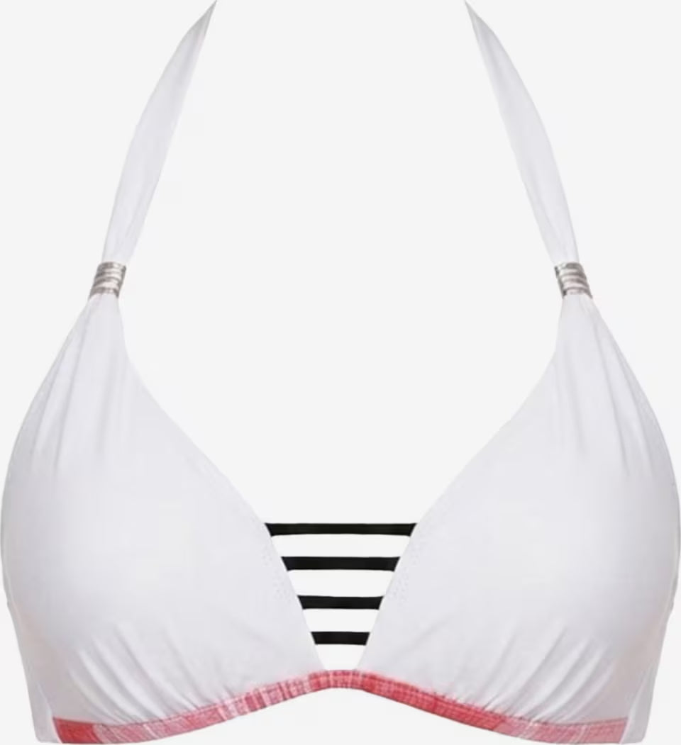 Nahaufnahme des weißen Neckholder Bikinioberteils mit Push-up Cups und schwarzen Zierbändern am Dekolleté