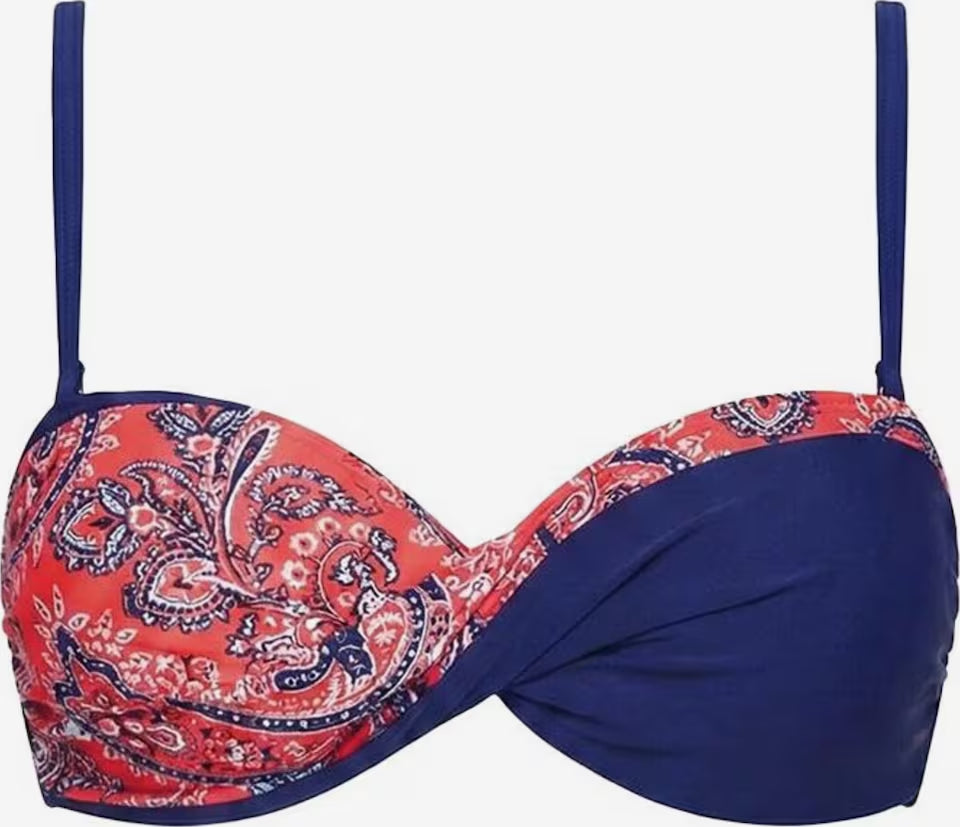 Detailansicht des Push-Up Bikini-Oberteils in Navyblau und Koralle mit Paisley-Muster
