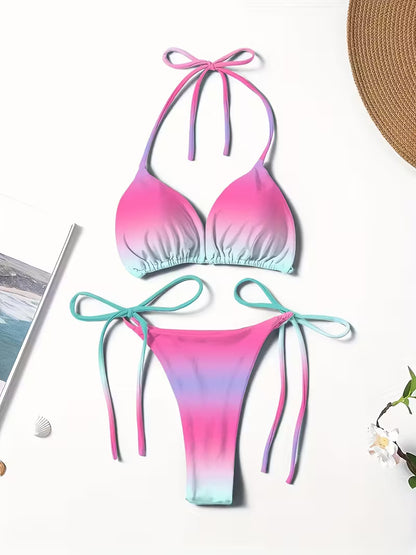 Damen Bikini Set mit Farbverlauf in Rosa, Lavendel und Türkis als Produktbild.