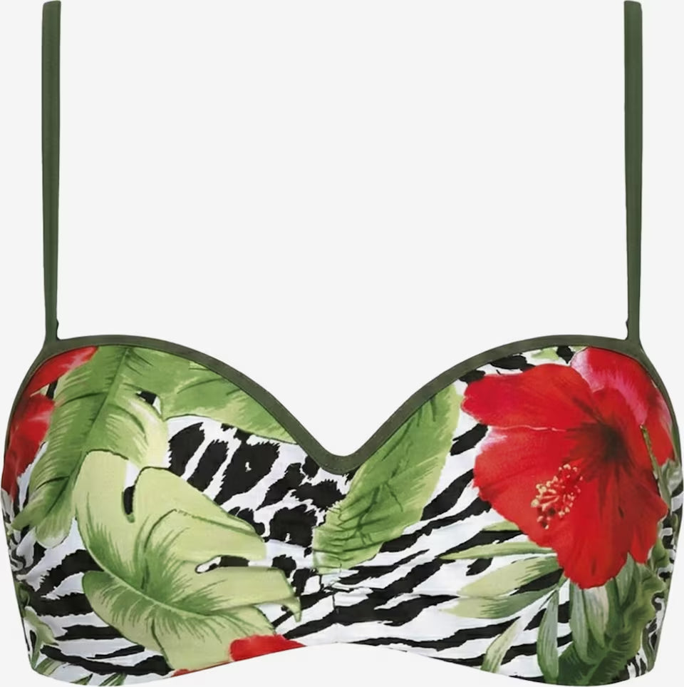 Detailansicht des Push-Up Bikini-Oberteils mit Hibiskusblüten, grünen Blättern und Animal-Print