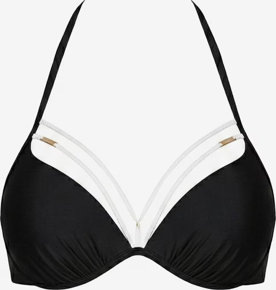 Schwarzes Push-up Bikinioberteil mit Bügel-Cups und dekorativen weißen Bändern
