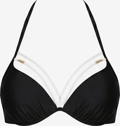 Schwarzes Push-up Bikinioberteil mit Bügel-Cups und dekorativen weißen Bändern