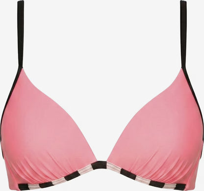 Detailansicht des rosafarbenen Push-up Bikini-Oberteils mit schwarzen Trägern und gepolsterten Cups