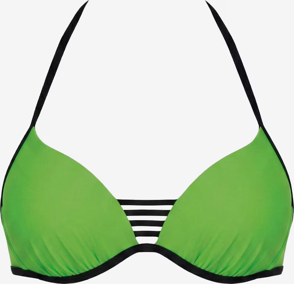 Grünes Push-up Bikinioberteil mit thermogeformten Cups und schwarzen Zierbändern