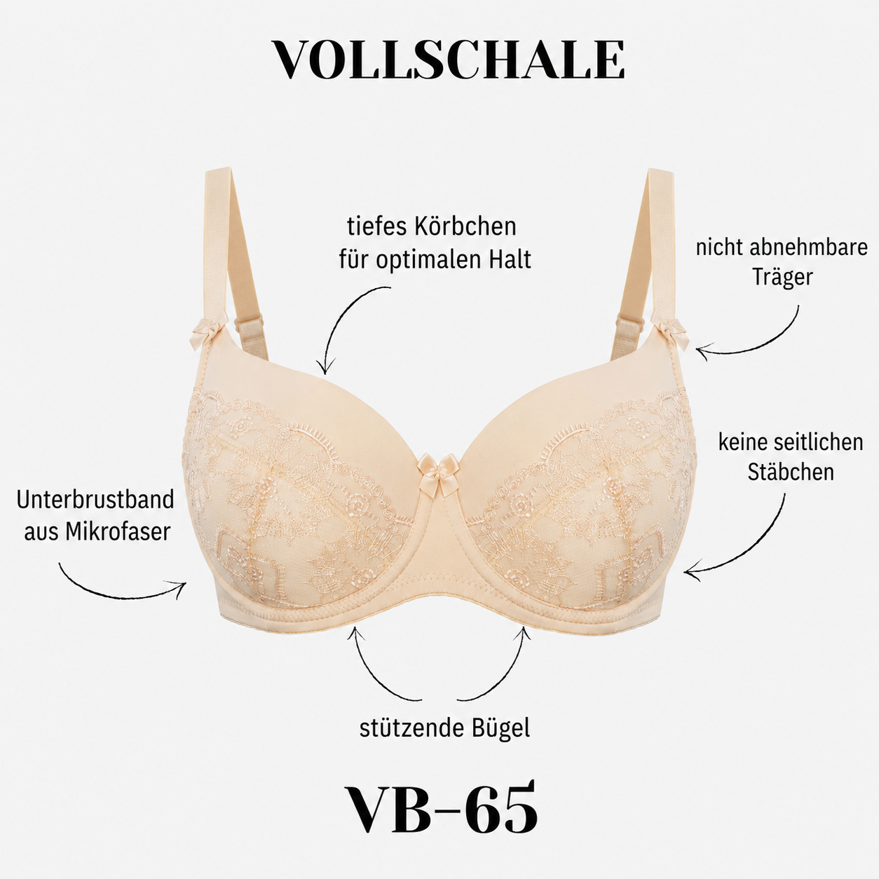 Vena VB-65 Full-Cup Bügel-BH in Beige mit Stickerei, breiten Trägern, Bügeln und Mikrofaser-Unterbrustband