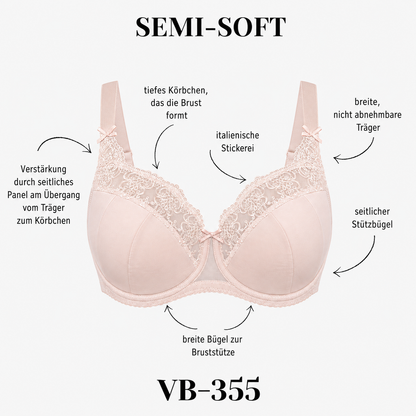 Ecrubener VB-355 Semi-Soft BH Produktgrafik mit Details zu Halt und Schnittführung
