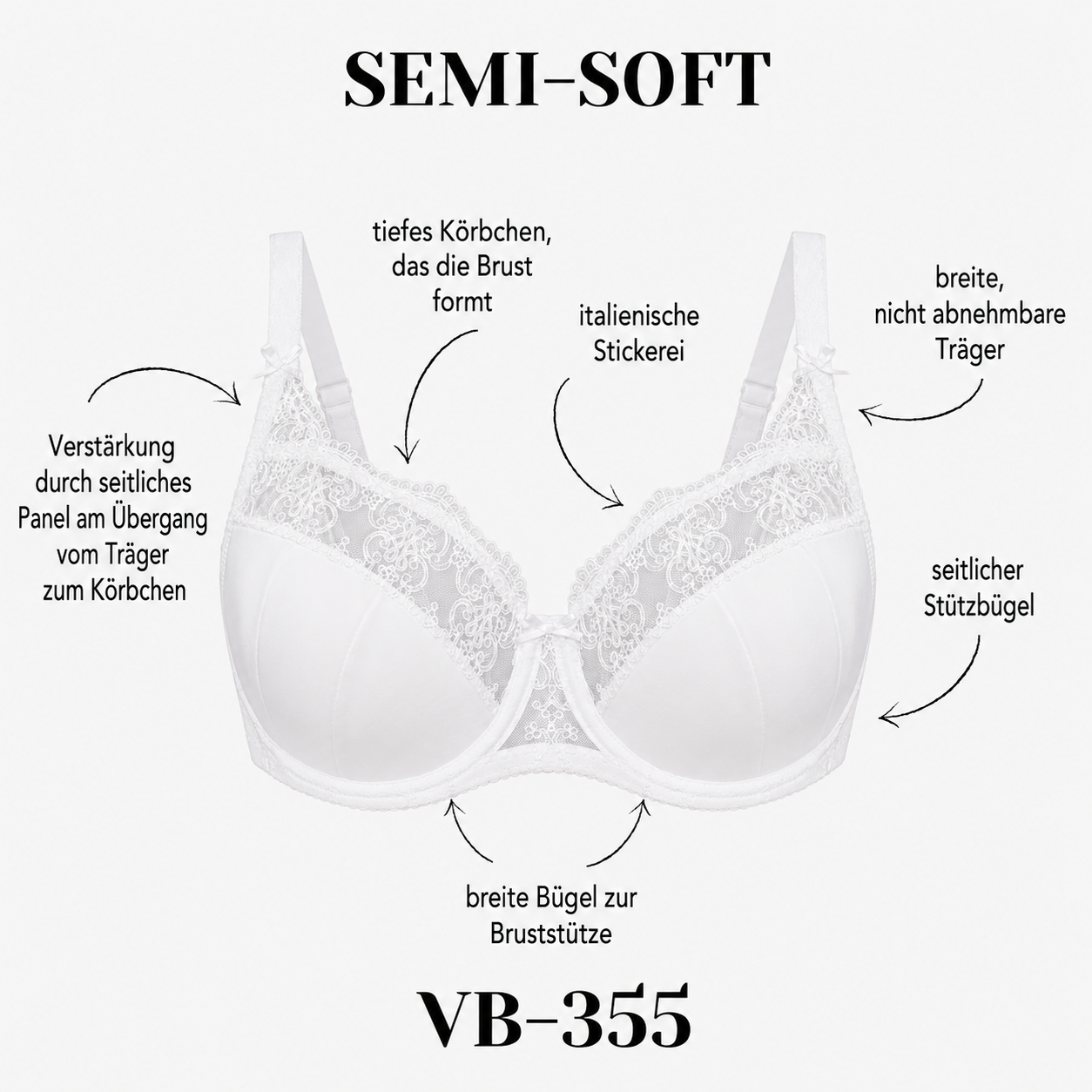 Weißer VB-355 Semi-Soft BH Produktgrafik mit Stützbügeln und verstärkten Trägern